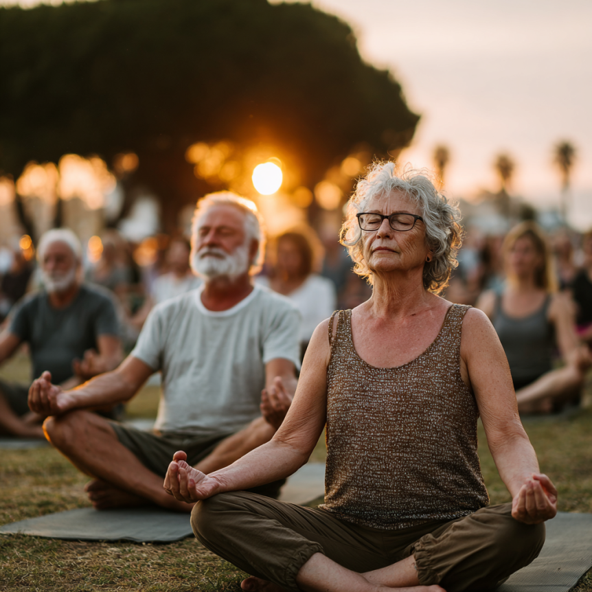 Възрастни хора в йога поза
